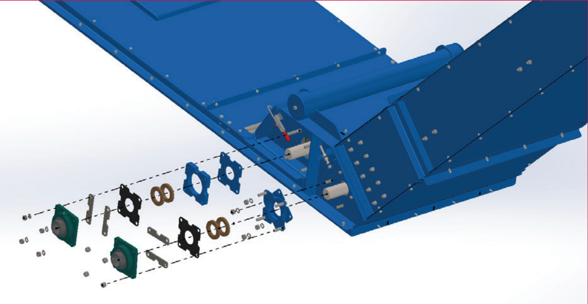 Exploded view of GritLock sealed external bearing assemblies mounted on a Cambelt high-incline conveyor drive section