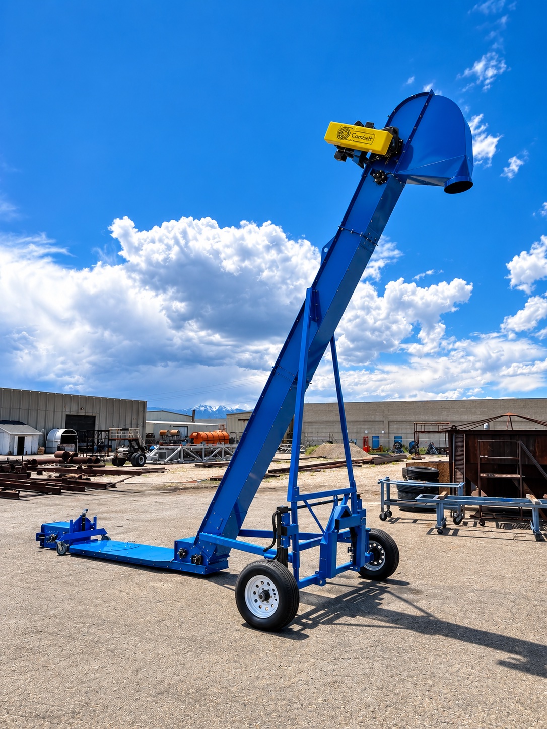 Scorpion 1210 portable transloader with its boom raised, parked at the Cambelt facility